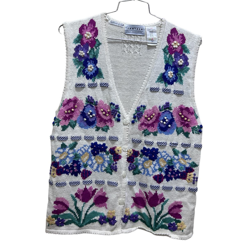 Jantzen Cream Floral Embellished Knit Vest
